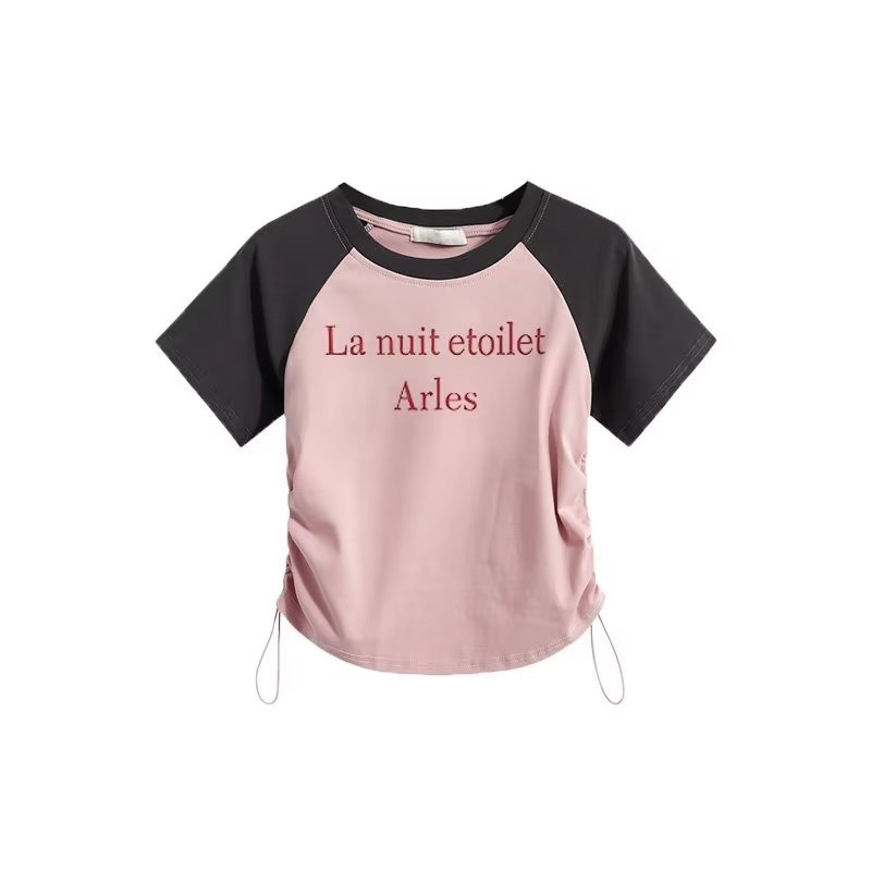 『癮品流行』復古美式字母印花 甜辣妹風 抽繩  撞色 正肩短袖上衣  夏季不規則T恤短版圓領 上衣女-細節圖5