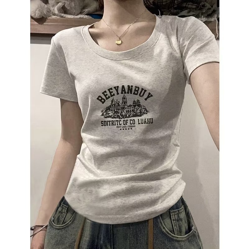 『癮品流行』 夏季 顯瘦 修身上衣女 韓版字母印花上衣 白色上衣 短板上衣 短版上衣短袖 百搭T恤女生-細節圖4