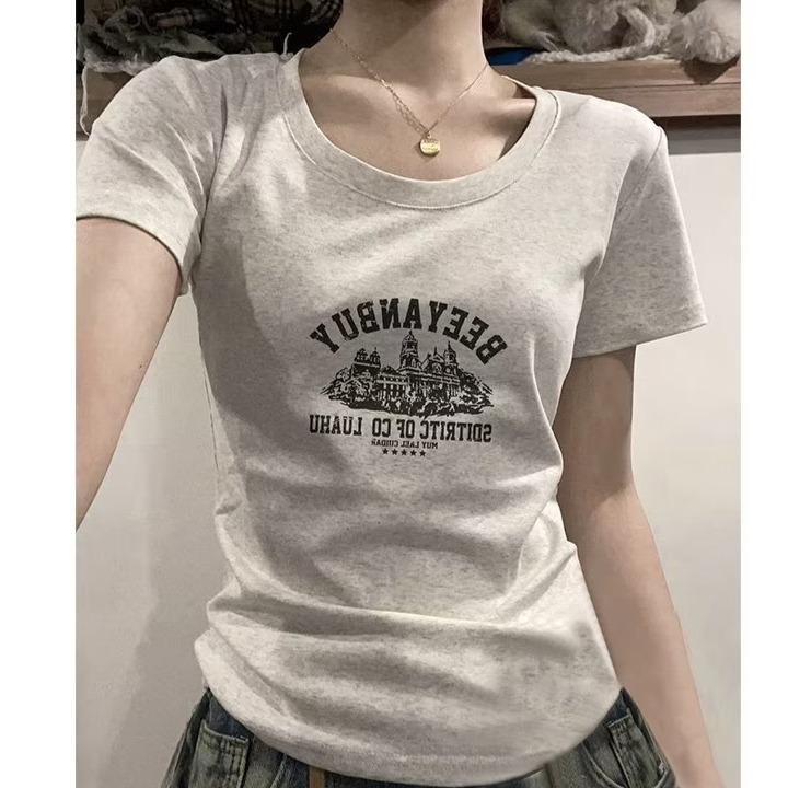 『癮品流行』 夏季 顯瘦 修身上衣女 韓版字母印花上衣 白色上衣 短板上衣 短版上衣短袖 百搭T恤女生-細節圖5