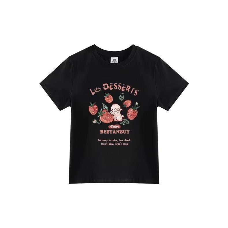 『癮品流行』夏季韓版復古印花短袖t恤 寬鬆短袖上衣 新款修身草莓印花T恤女 夏天打底衫 顯瘦上衣 女裝衣服-細節圖3