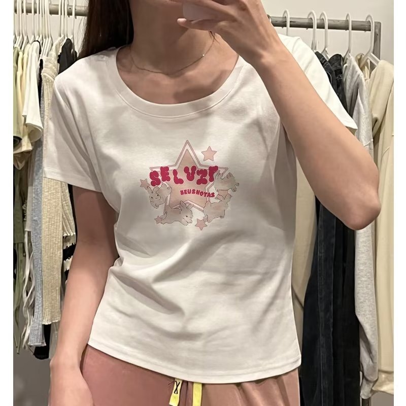 『癮品流行』夏季潮流 ins時尚 卡通印花短袖女生  寬鬆百搭 氣質休閒上衣 可愛甜美星星兔子印花上衣-細節圖4