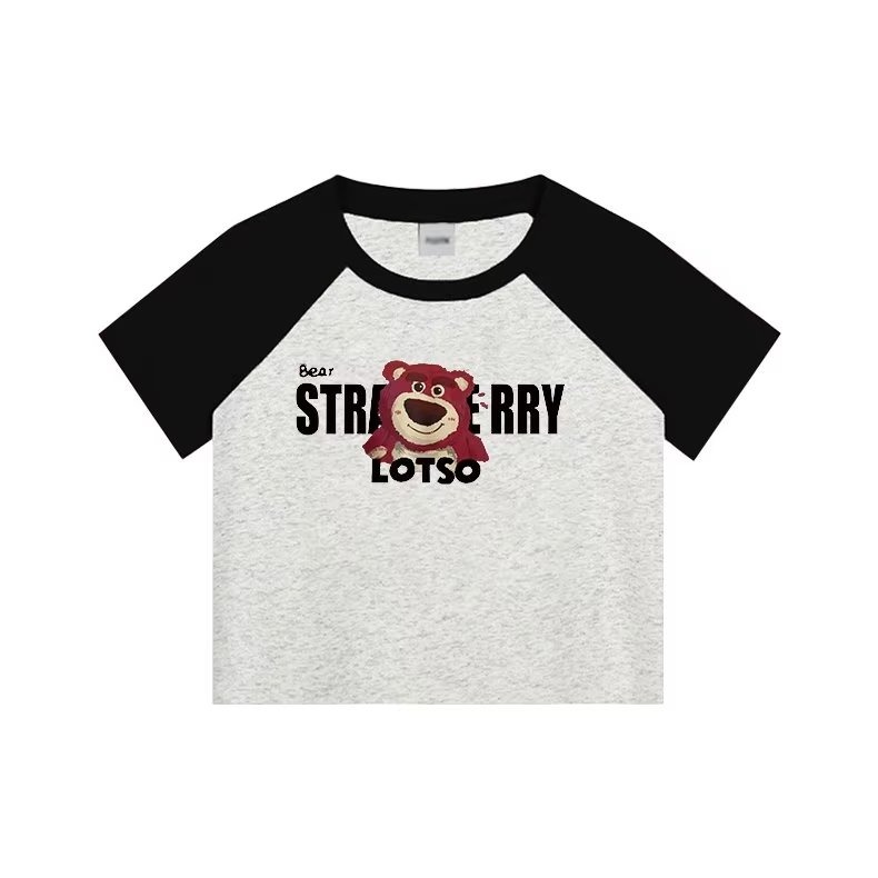 『癮品流行』夏季新款  草莓熊印花短袖  時尚百搭 潮流上衣 打底衫 純棉T恤女生 顯瘦拼接上衣-細節圖4