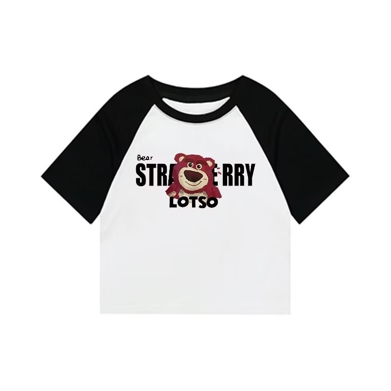 『癮品流行』夏季新款  草莓熊印花短袖  時尚百搭 潮流上衣 打底衫 純棉T恤女生 顯瘦拼接上衣-細節圖5