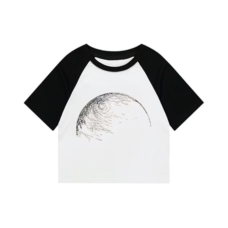 『癮品流行』新款撞色 拼接短袖 女生 時尚百搭上衣 韓版圓領印花T恤 顯瘦 修身打底衫 女生衣著-細節圖4