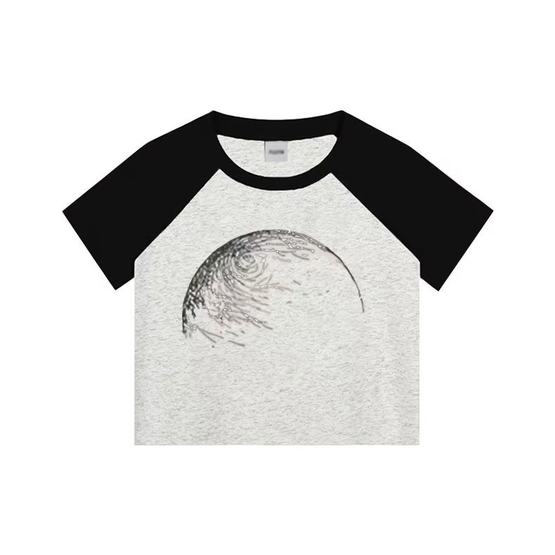 『癮品流行』新款撞色 拼接短袖 女生 時尚百搭上衣 韓版圓領印花T恤 顯瘦 修身打底衫 女生衣著-細節圖5