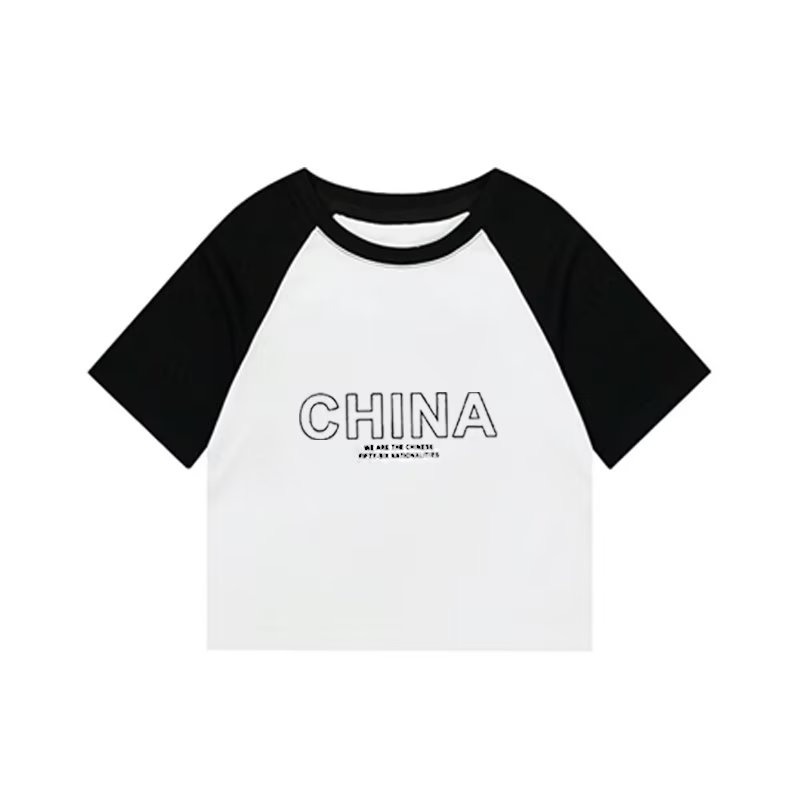 『癮品流行』短版上衣 美式 正肩 日系 韓版 圓領短袖 T恤女 撞色插肩 學生T恤 甜辣露臍 小個子 上衣短袖女-細節圖4