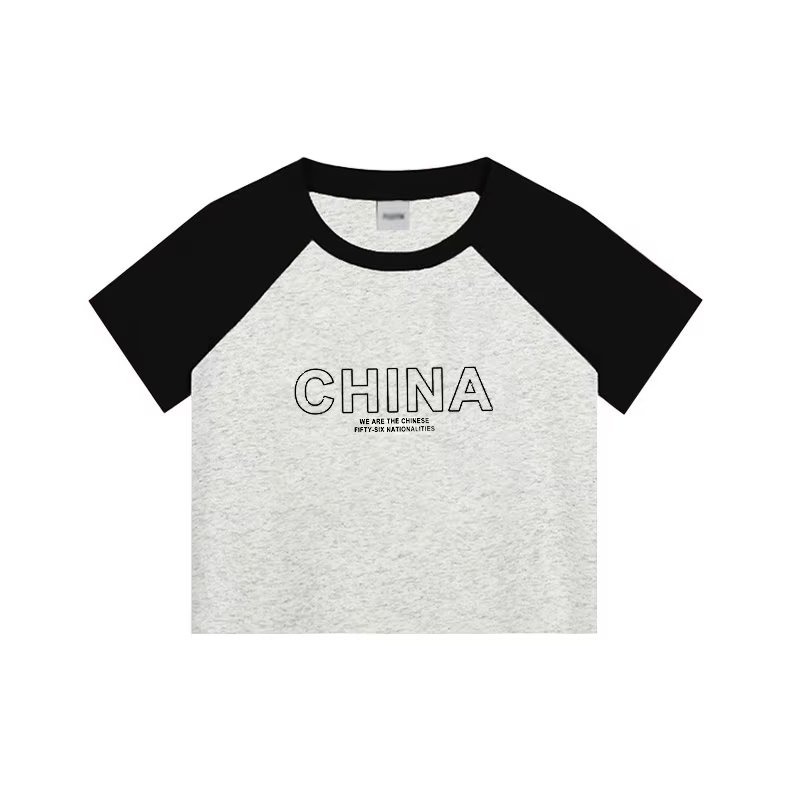 『癮品流行』短版上衣 美式 正肩 日系 韓版 圓領短袖 T恤女 撞色插肩 學生T恤 甜辣露臍 小個子 上衣短袖女-細節圖6