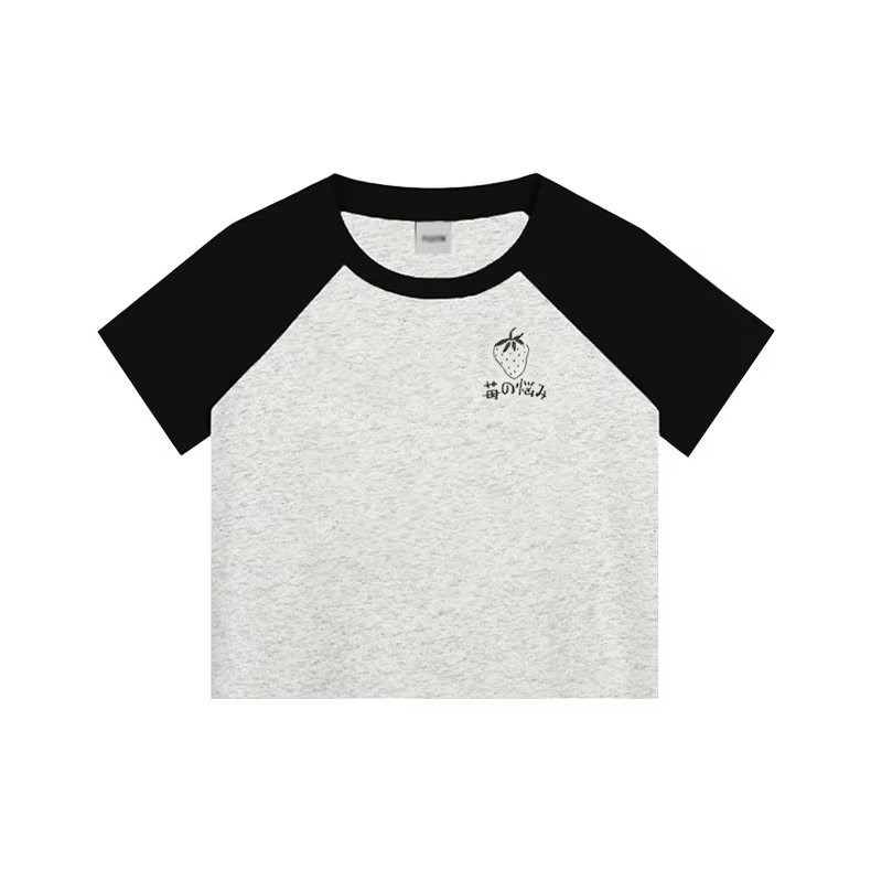 『癮品流行』插肩袖 短袖T恤 女  夏季新款 撞色 拼接上衣 百搭 學生顯瘦 韓版正肩卡通可愛上衣-細節圖3