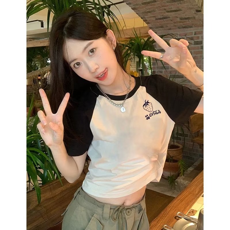 『癮品流行』插肩袖 短袖T恤 女  夏季新款 撞色 拼接上衣 百搭 學生顯瘦 韓版正肩卡通可愛上衣-細節圖4