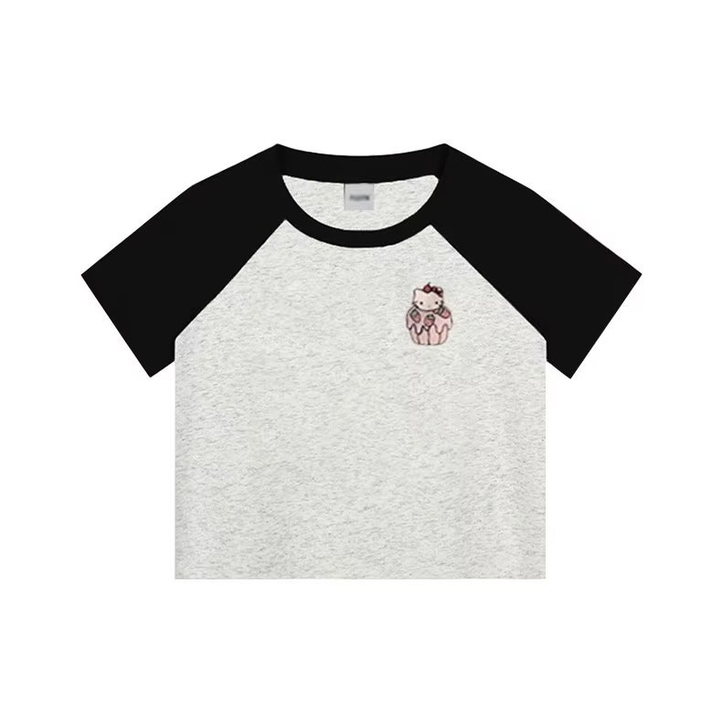 『癮品流行』正韓拼接撞色短袖 夏天女生短上衣 印花 短袖 辣妹 短T 短版 上衣女 顯瘦 女夏短袖T恤-細節圖3