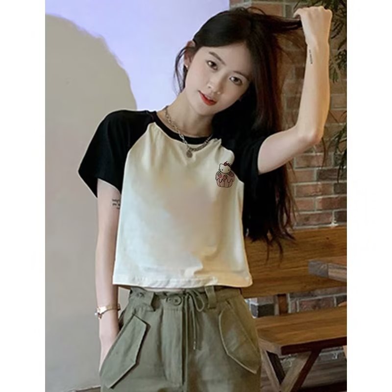 『癮品流行』正韓拼接撞色短袖 夏天女生短上衣 印花 短袖 辣妹 短T 短版 上衣女 顯瘦 女夏短袖T恤-細節圖4