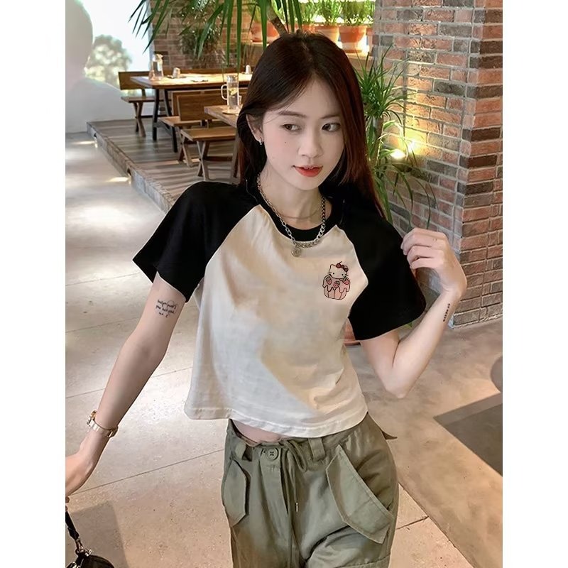 『癮品流行』正韓拼接撞色短袖 夏天女生短上衣 印花 短袖 辣妹 短T 短版 上衣女 顯瘦 女夏短袖T恤-細節圖5