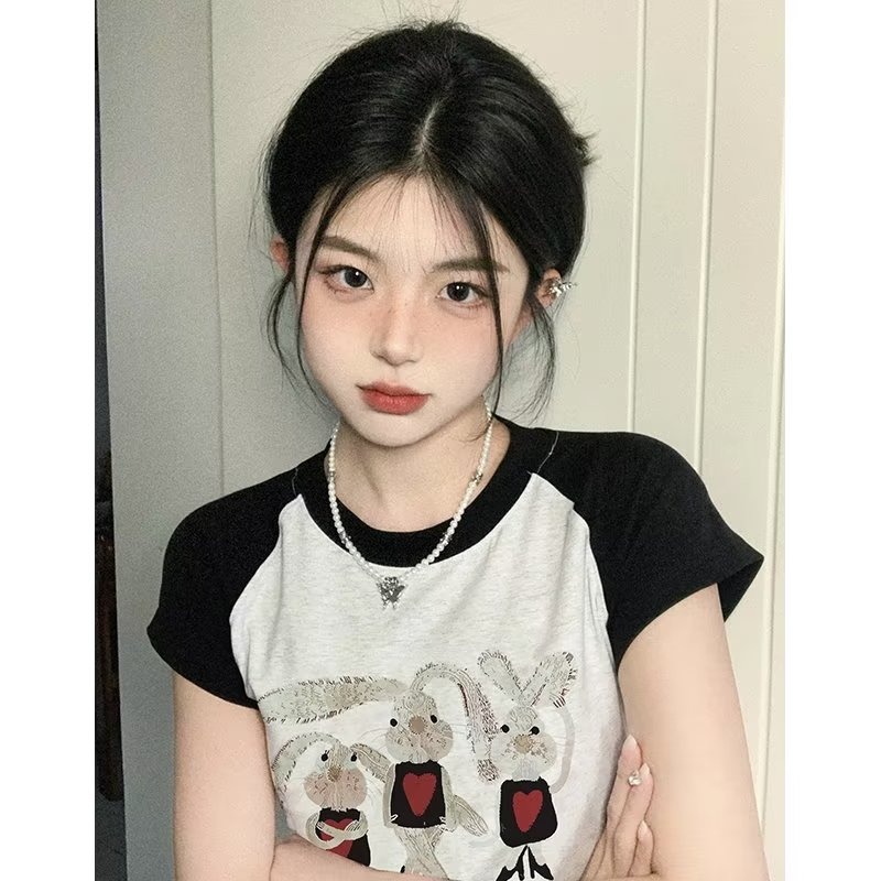 『癮品流行』純棉修身上衣 短版上衣 夏季T恤 性感衣服 修身 顯瘦上衣 圓領 印花上衣 短袖T恤女美式復古辣妹短袖-細節圖4