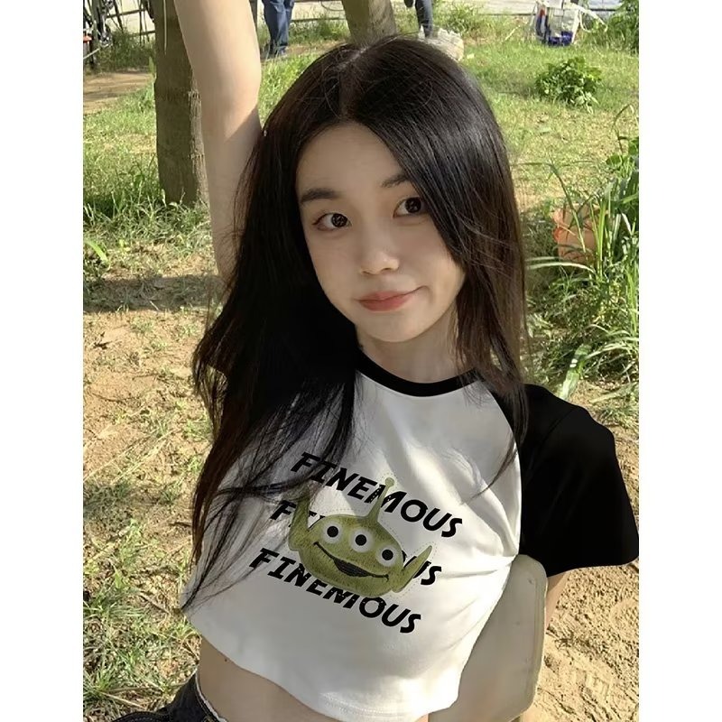 『癮品流行』夏季高質量短袖  純棉 拼接短袖女 T恤 新款小眾潮牌上衣 撞色上衣女生 搞怪印花T恤-細節圖4