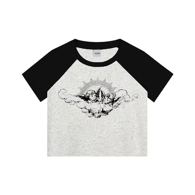 『癮品流行』天使印花 美式復古 插肩袖上衣女生 夏季設計感小眾 辣妹修身 顯瘦短款上衣 純棉T恤-細節圖3