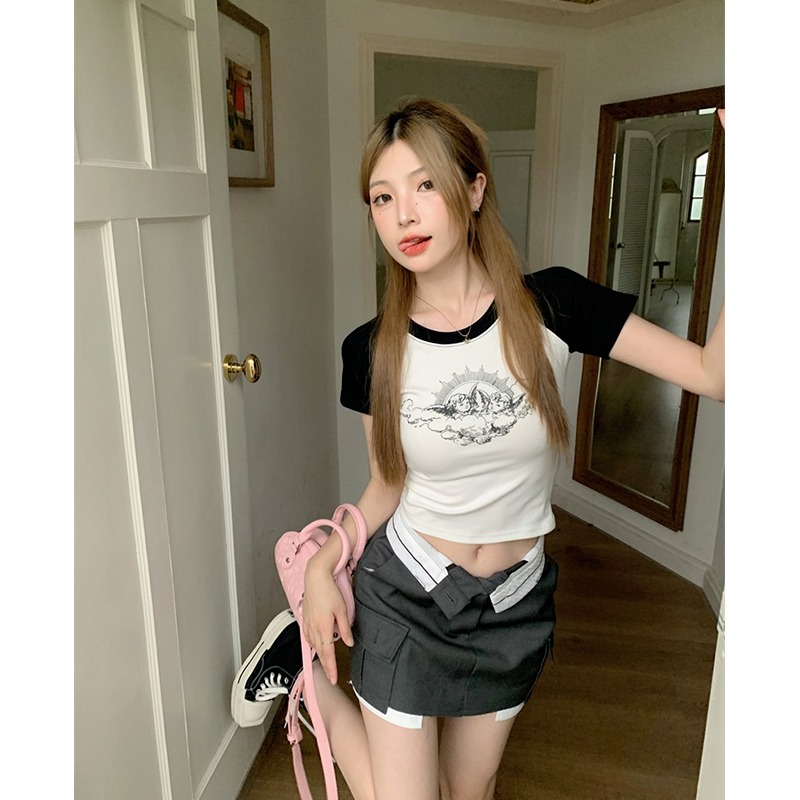 『癮品流行』天使印花 美式復古 插肩袖上衣女生 夏季設計感小眾 辣妹修身 顯瘦短款上衣 純棉T恤-細節圖4