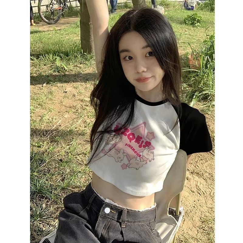 『癮品流行』 美式復古 拼接短袖 t恤女 純欲辣妹 短款 撞色 高腰 露臍 小眾 別致上衣 短袖女 印花-細節圖5