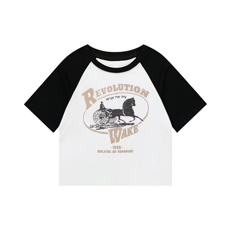 『癮品流行』美式復古辣妹風 潮流上衣  正肩T恤短袖 夏季印花修身  純欲 短款上衣女生-細節圖3