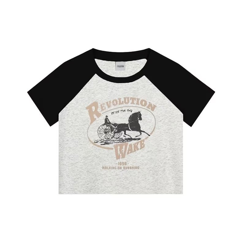 『癮品流行』美式復古辣妹風 潮流上衣  正肩T恤短袖 夏季印花修身  純欲 短款上衣女生-細節圖4