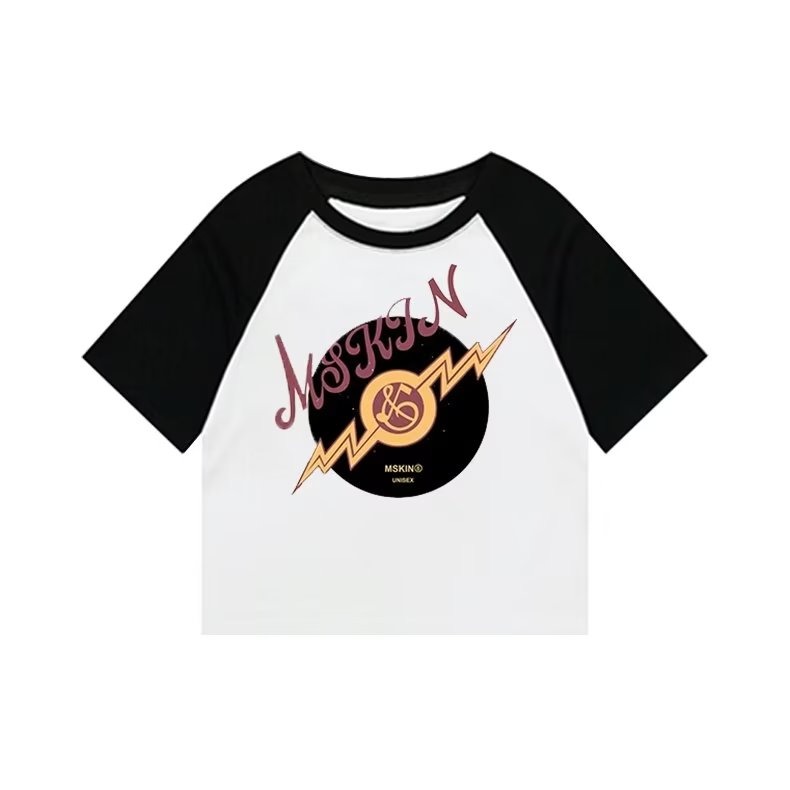 『癮品流行』美式復古字母印花拚色短袖上衣 拚色短袖 拚色圓領短袖上衣 拼接撞色短袖短版 性感短袖露臍裝-細節圖6