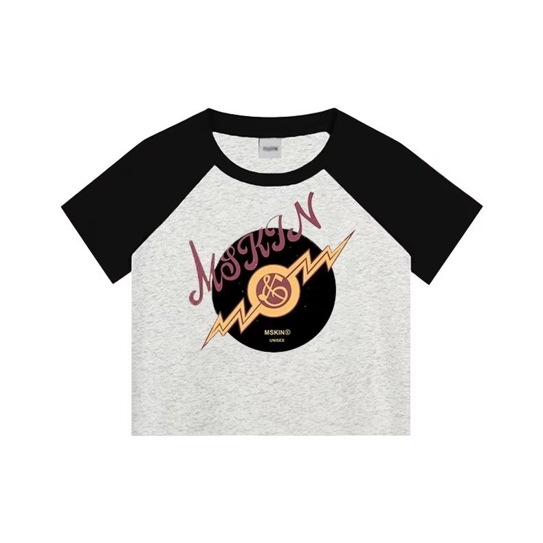 『癮品流行』美式復古字母印花拚色短袖上衣 拚色短袖 拚色圓領短袖上衣 拼接撞色短袖短版 性感短袖露臍裝-細節圖7