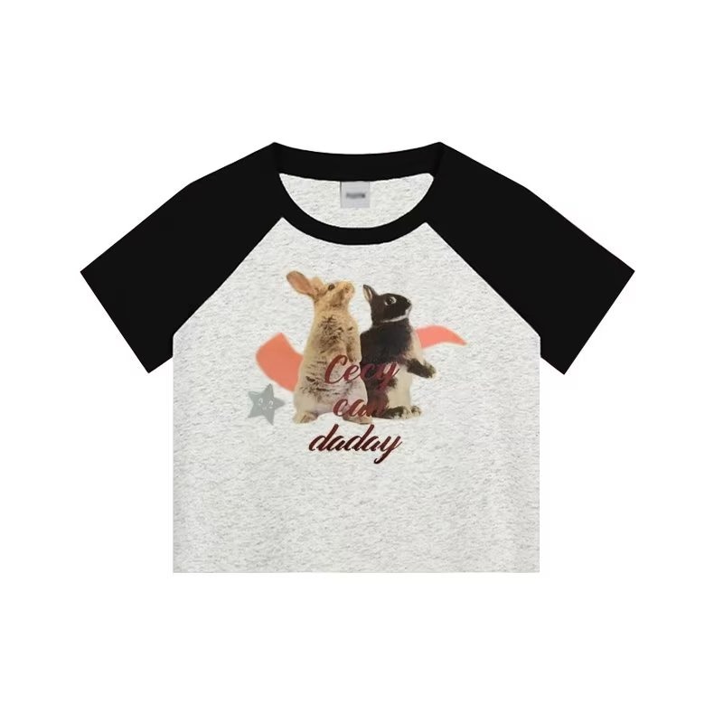 『癮品流行』韓版圓領動物印花 短袖上衣 短袖t恤 女裝 顯瘦上衣 衣服 修身百搭上衣 撞色上衣-細節圖3