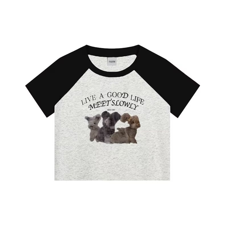 『癮品流行』復古 辣妹 撞色 正肩短袖  上衣T恤女夏  緊身  顯瘦  小眾別緻 獨特印花 短版上衣-細節圖3