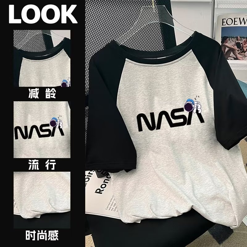『癮品流行』撞色拼接正肩t恤短袖女夏季2023新款圓領小眾設計感 寬鬆百搭上衣潮  簡約字母印花上衣-細節圖4
