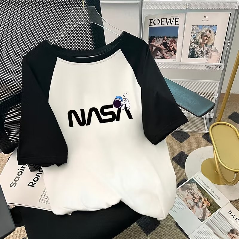 『癮品流行』撞色拼接正肩t恤短袖女夏季2023新款圓領小眾設計感 寬鬆百搭上衣潮  簡約字母印花上衣-細節圖5