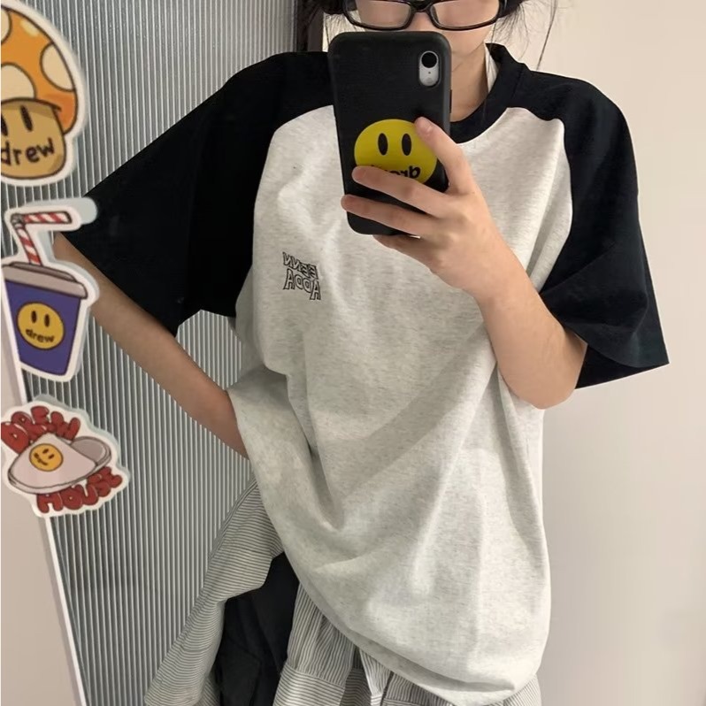 『癮品流行』日韓靚飾 韓版T恤 女生T恤 女夏裝新款寬鬆短袖拼接t恤女裝韓版百搭印花上衣女簡約打底衫女學生-細節圖3