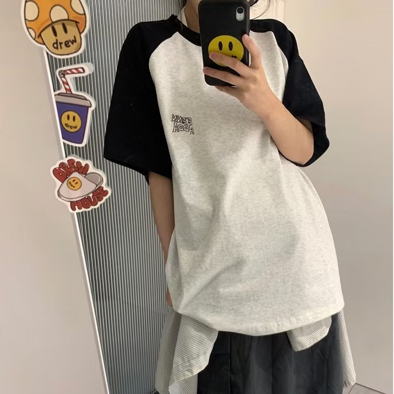 『癮品流行』日韓靚飾 韓版T恤 女生T恤 女夏裝新款寬鬆短袖拼接t恤女裝韓版百搭印花上衣女簡約打底衫女學生-細節圖4