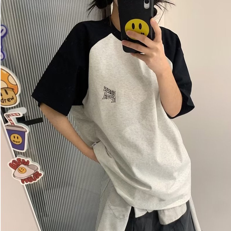 『癮品流行』日韓靚飾 韓版T恤 女生T恤 女夏裝新款寬鬆短袖拼接t恤女裝韓版百搭印花上衣女簡約打底衫女學生-細節圖5