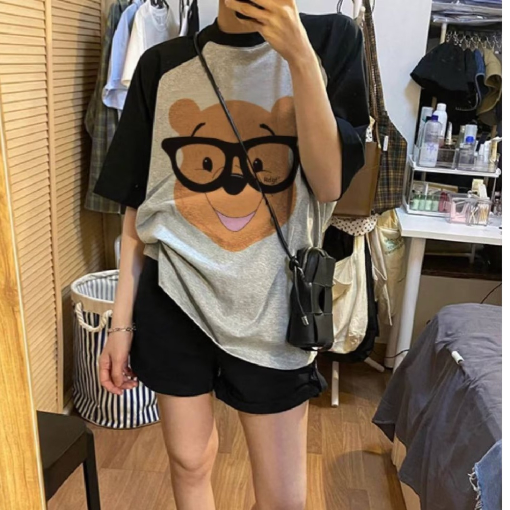 『癮品流行』純棉 港味 小熊維尼印花 T恤 女款 夏季學生 設計感上衣 薄款女生拼接寬鬆上衣-細節圖3