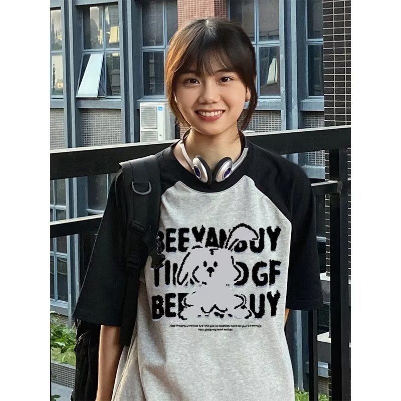 『癮品流行』純棉T恤女生 正肩新款爆款上衣 撞色 插肩袖短袖T恤小眾 顯瘦 學生寬鬆 上衣女-細節圖3