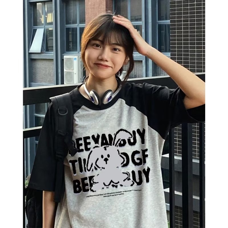 『癮品流行』純棉T恤女生 正肩新款爆款上衣 撞色 插肩袖短袖T恤小眾 顯瘦 學生寬鬆 上衣女-細節圖4