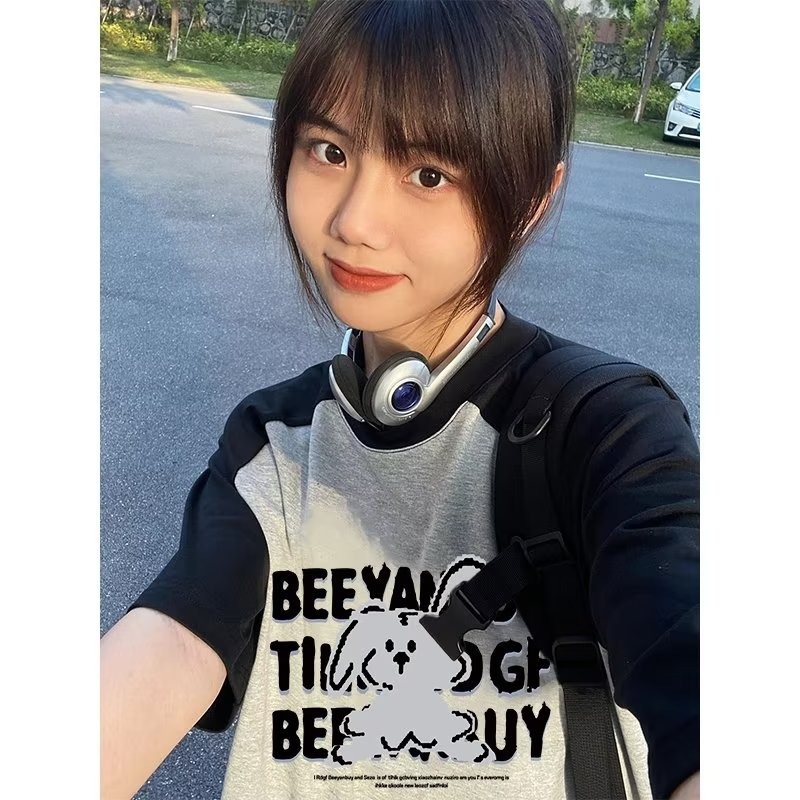 『癮品流行』純棉T恤女生 正肩新款爆款上衣 撞色 插肩袖短袖T恤小眾 顯瘦 學生寬鬆 上衣女-細節圖5