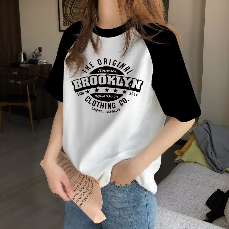 『癮品流行』t恤女 短袖女  簡約字母印花拼接 撞色 短袖t恤 女夏季ins韓版寬松  洋氣上衣-細節圖3