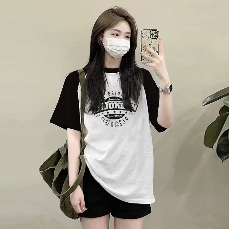『癮品流行』t恤女 短袖女  簡約字母印花拼接 撞色 短袖t恤 女夏季ins韓版寬松  洋氣上衣-細節圖4