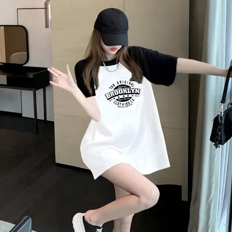 『癮品流行』t恤女 短袖女  簡約字母印花拼接 撞色 短袖t恤 女夏季ins韓版寬松  洋氣上衣-細節圖5