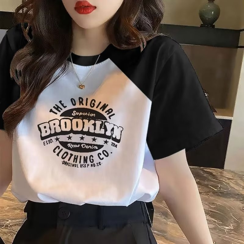 『癮品流行』t恤女 短袖女  簡約字母印花拼接 撞色 短袖t恤 女夏季ins韓版寬松  洋氣上衣-細節圖6