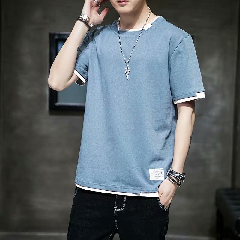『癮品流行』台灣出貨 男生短袖 拼接T恤 多層次穿搭T恤 五分袖 短t 夏天衣服 韓版男裝 假兩件上衣 男生寬鬆T恤-細節圖3