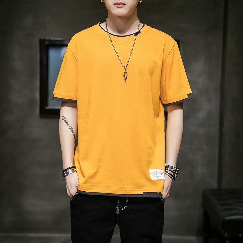 『癮品流行』台灣出貨 男生短袖 拼接T恤 多層次穿搭T恤 五分袖 短t 夏天衣服 韓版男裝 假兩件上衣 男生寬鬆T恤-細節圖4