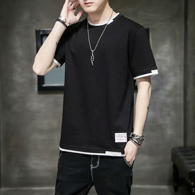 『癮品流行』台灣出貨 男生短袖 拼接T恤 多層次穿搭T恤 五分袖 短t 夏天衣服 韓版男裝 假兩件上衣 男生寬鬆T恤-細節圖7