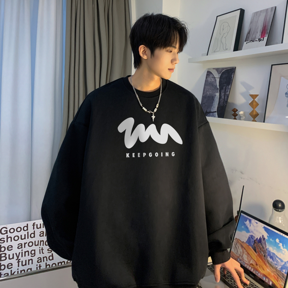 『癮品流行』長袖上衣男 大學T 寬鬆百搭 圓領衛衣男士新款春秋潮牌ins休閑長袖上衣寬松大碼套頭無帽外套-細節圖3