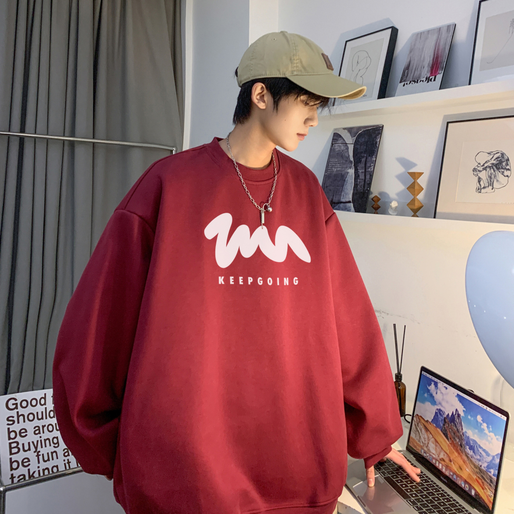 『癮品流行』長袖上衣男 大學T 寬鬆百搭 圓領衛衣男士新款春秋潮牌ins休閑長袖上衣寬松大碼套頭無帽外套-細節圖4