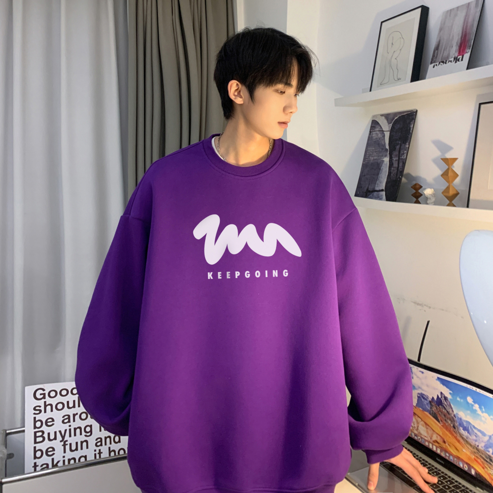 『癮品流行』長袖上衣男 大學T 寬鬆百搭 圓領衛衣男士新款春秋潮牌ins休閑長袖上衣寬松大碼套頭無帽外套-細節圖5