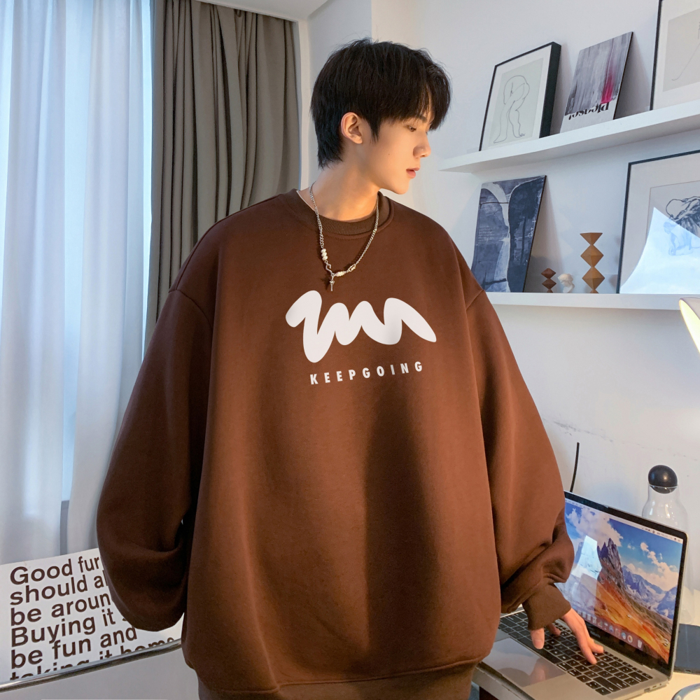 『癮品流行』長袖上衣男 大學T 寬鬆百搭 圓領衛衣男士新款春秋潮牌ins休閑長袖上衣寬松大碼套頭無帽外套-細節圖6