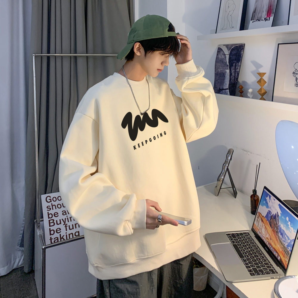 『癮品流行』長袖上衣男 大學T 寬鬆百搭 圓領衛衣男士新款春秋潮牌ins休閑長袖上衣寬松大碼套頭無帽外套-細節圖7