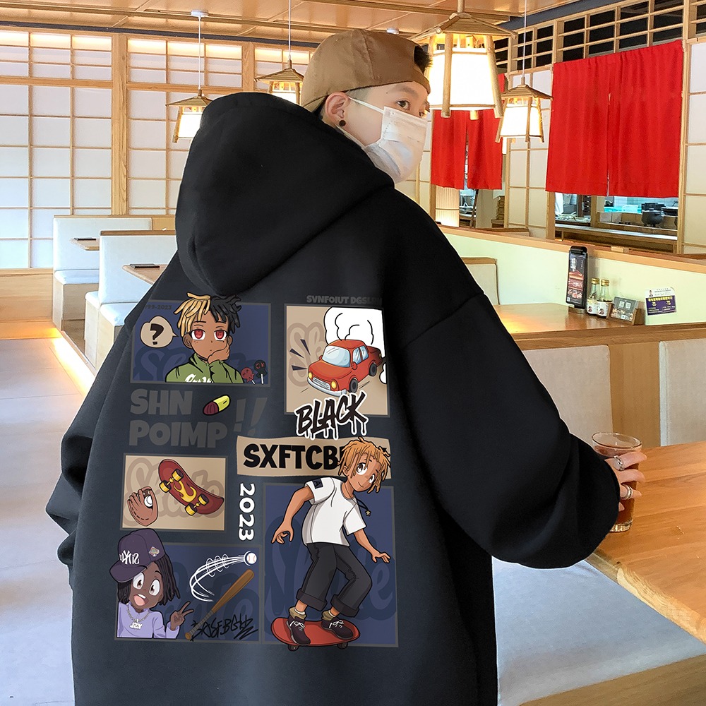 『癮品流行』卡通動漫印花連帽衛衣男秋冬季美式hiphop上衣高街西海岸潮牌外套 刷毛款印花衛衣-細節圖4