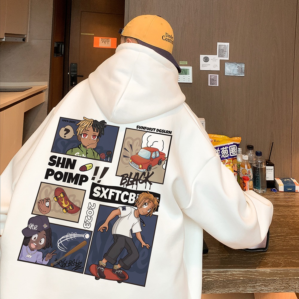 『癮品流行』卡通動漫印花連帽衛衣男秋冬季美式hiphop上衣高街西海岸潮牌外套 刷毛款印花衛衣-細節圖5